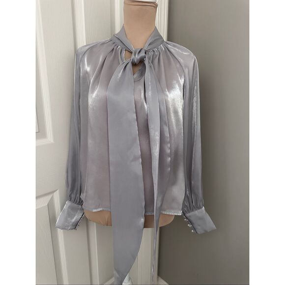 Lulu’s Luxe Shiny Silver Tie-Neck Top - Picture 3 of 12